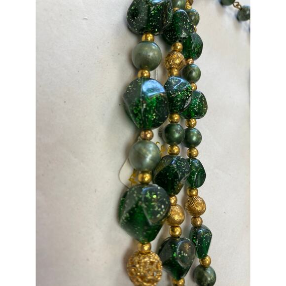vintage 1950s green glitter multi-strand necklace, 50s costume jewelry set, nye - Picture 8 of 9